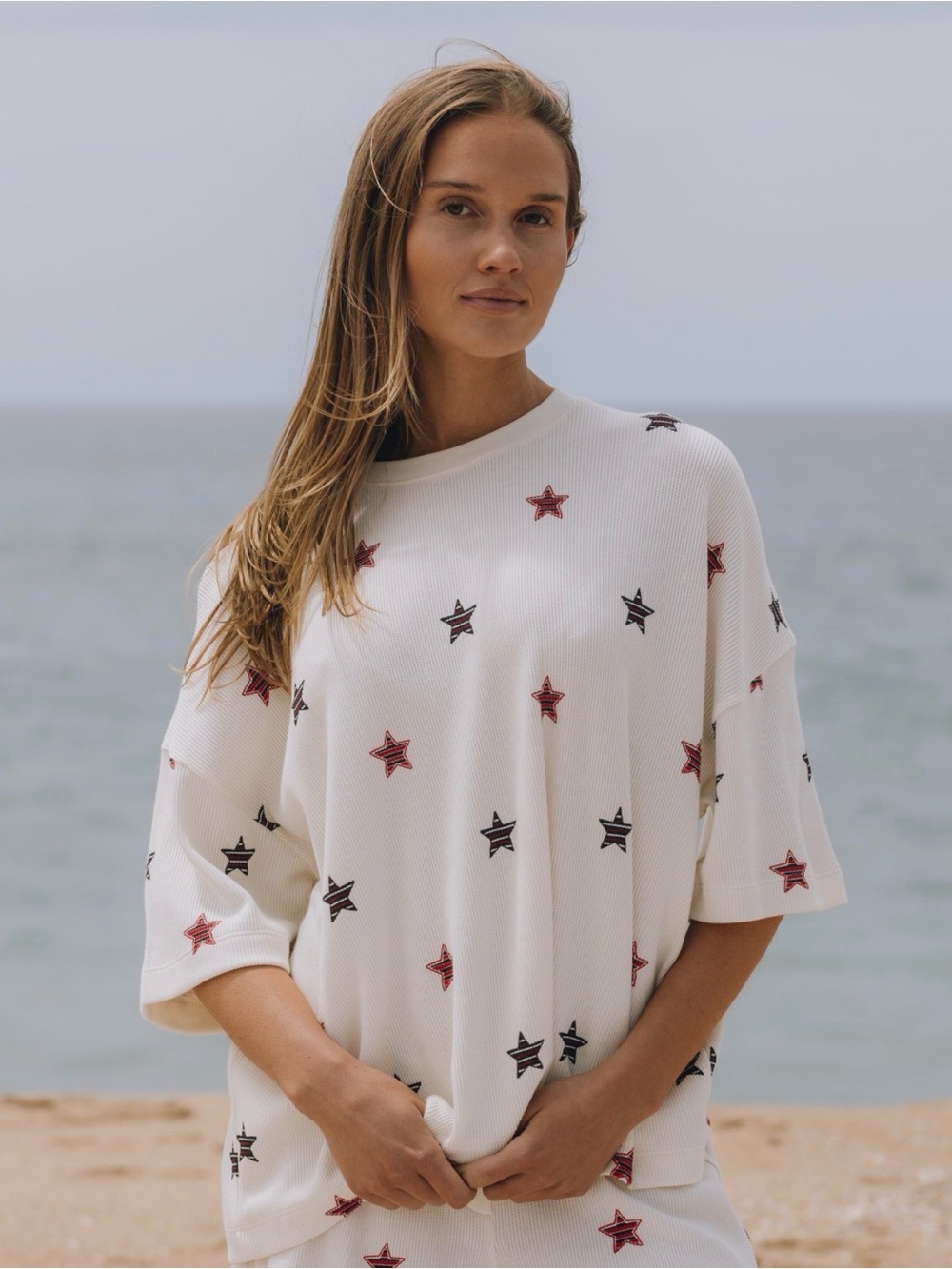 Daily Drills White Star-Print Loungewear Top with Red and Blue Stars